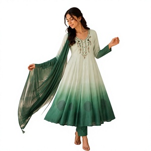 Ensemble Anarkali vert ombré tendance en mousseline avec pantalon évasé, broderie au col, tenue ethnique indienne, Salwar K pakistanaise - Product Image 1