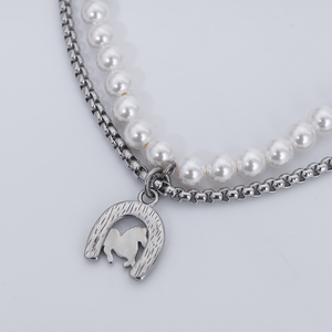 Wholesale Stainless Steel Horse Head Pendants Necklaces Retro Fashion Design Pearl Choker <b>Charms</b> Necklace - Product Image 3