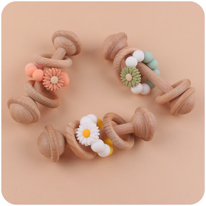 Nouveau jouet de dentition pour bébé en bois de hêtre, jouet de dentition à perles en silicone, petit jouet de dentition en silicone <span class=keywords><strong>marguerite</strong></span>, anneaux de dentition en bois pour bébé, sans BPA - Product Image 1