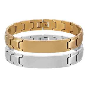 Men's 12Mm <b>Brushed</b> Two Tone Stainless Steel Bracelet Gold Silver Geometric Design Gift Jewelry - Product Image 1