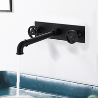 YUNDOOM OEM Robinet mural moderne monotrou noir mat en laiton à double poignée avec bec long pour lavabo en céramique, usage hôtelier