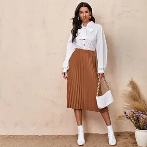 Long Pleated a Line Skirt Ladies Fashion A-line Skirts Solid Pleated Skirt High-waist 100% Polyester High Waist Solid Pattern