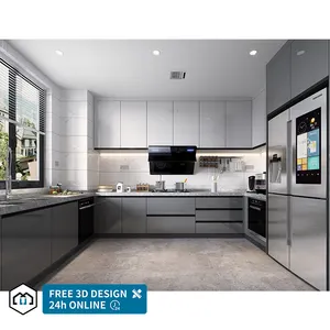 현대 간단한 디자인 주택 가구 인기있는 맞춤형 스마트 조립식 회색 플랫 팩 찬장 주방 캐비닛 세트