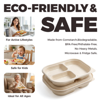 Boîte à lunch biodégradable en amidon de maïs à grande capacité avec trois compartiments et couvercle, sans BPA, sans PFAS et recyclable pour l'école