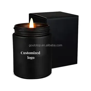 Barattolo di aromaterapia in vetro nero opaco con logo stampato regalo a mano con coperchio nero