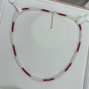 <b>Delicate</b> Beaded <b>Necklace</b> Combined with Faceted Ruby Beads and 4-5mm Aurora Freshwater Pearls, Finished with Sterling Silver - Product Image 1