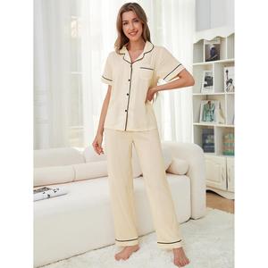 New Arrivals Respirável 2pcs Blusa de Colarinho das Mulheres Pijama Set Cintura Elástica Pijama de Algodão Sólido para Mulheres Set - Product Image 5
