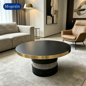 Modern Luxury Round Coffee Table <b>Set</b> Gold Trimmed Tabletop with Layered Cylindrical Base Nesting Table for Living Room - Product Image 2