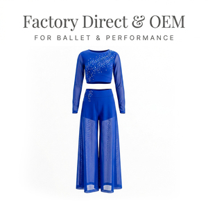 Traje de Danza Lírica de Dos Piezas con Malla de Pedrería Azul Rey, Top Corto de Manga Larga y Pantalones Acampanados, Atuendo de Ballet Contemporáneo - Product Image 2