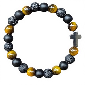 2026 Protection Cross <b>Bracelet</b> with Tiger Eye Stone Black Agate Hematite <b>Gold</b> Plated for Anniversary Occasion-Unisex Punk Style - Product Image 4