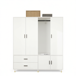 ตู้เสื้อผ้าไม้สีขาว ขนาด 63 นิ้ว (กว้าง) x 20.4 นิ้ว (ลึก) x 70.8 นิ้ว (สูง) แบบ 4 บาน 2 ลิ้นชัก พร้อมกระจก สำหรับห้องนอน เฟอร์นิเจอร์เก็บของ - Product Image 1