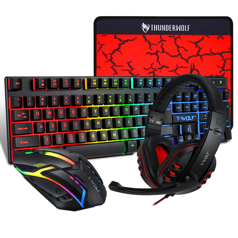TF800 Four-piece Gaming 104 Keys Keyboard 4-color Breathing Light Mouse Gaming Headset Anti-slip Mouse Pad