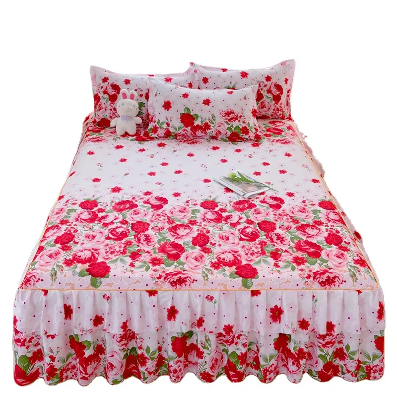 Roupa de cama luxuosa moderna com estampa floral de plantas, saia grossa com lençóis 150x200, roupa de cama estilo mais novo