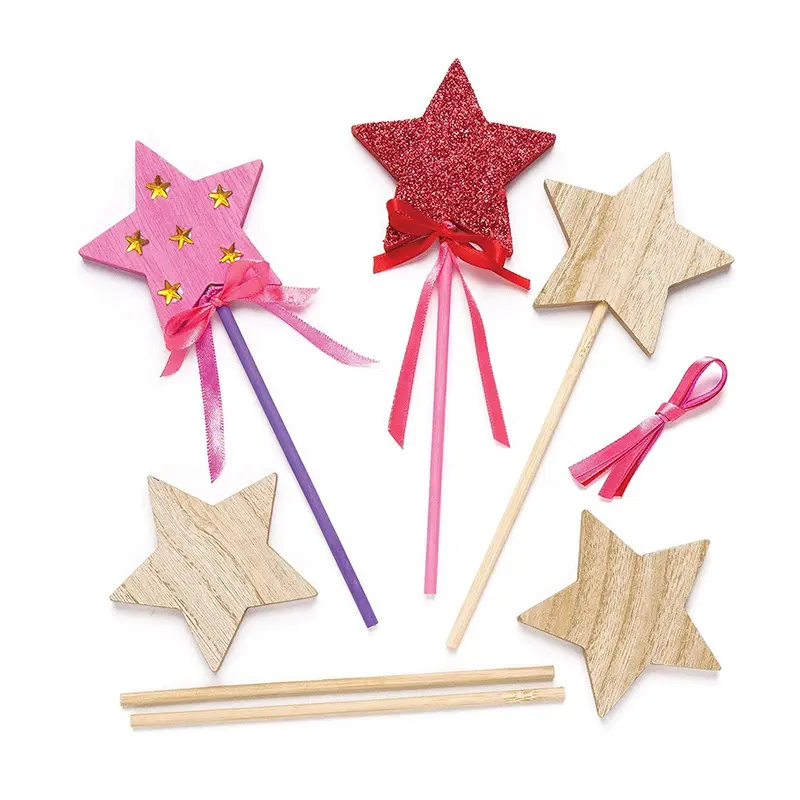 Benutzer definierte Form Sperrholz Handwerk kleines Mädchen Spielzeug Prinzessin Zauberstab Holz Farbe Stern Zauberstab Kinderspiel zeug Diy Smile Star Wands