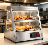 Vitrine chauffante électrique professionnelle avec économie d'énergie, couleur argent, capacité 2x2 bacs, pour buffets et événements de restauration