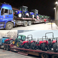 Tracteur agricole multifonctionnel à quatre roues motrices, équipé d'un chargeur, d'une pelle et d'une remorque agricole.