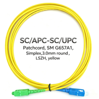 Simplex SC/APC to SC/UPC Single Mode 3.0mm 9/125 G652D Yellow PVC Fiber Patch Cord 1260-1650nm FTTH Network