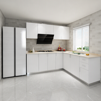 Armoires de cuisine modulaires modernes Prima avec portes en métal aluminium couleur gris, comptoirs en marbre/feuille de placage, robinet inclus