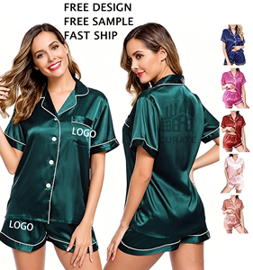 Conjunto de Pijamas de Seda Satin com Logo Personalizado para Mulheres, Manga Curta, 2 Peças, Roupas Casuais para Casa, Pijamas para Mulheres - Product Image 1