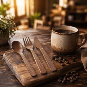 Eco Biodegradable Bamboo Section Cutlery <b>Coffee</b> Ground Cutlery Set Compostable Disposable Fork Knife <b>Spoon</b> for Catering - Product Image 2