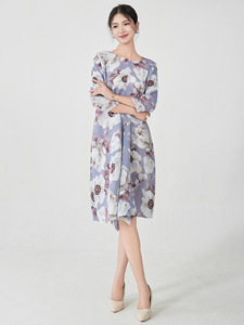 Miyake elegante vestido de mujer plisado estampado de manga larga ropa casual de moda - Product Image 3