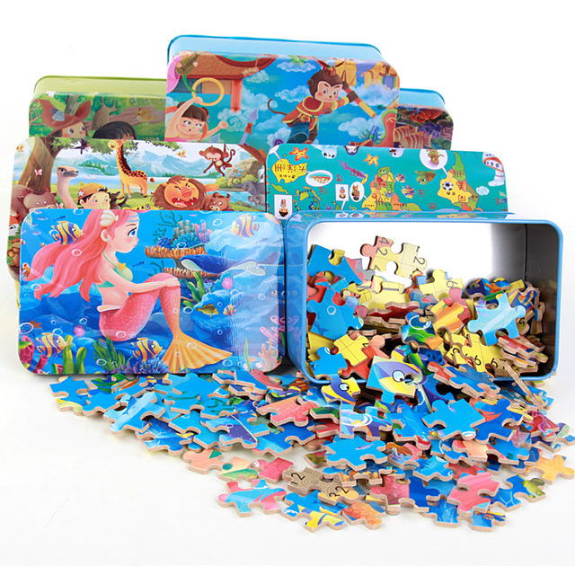 Wooden Theme Jigsaw Puzzle 200 Pieces Iron Box Intelligence Games Educational Learning Puzzles Toys for Kids Bos Girls