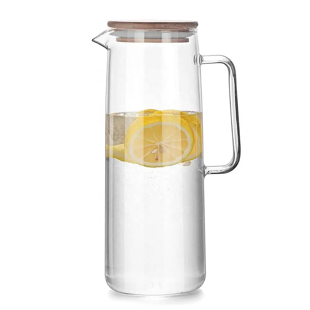 Sunyo 50oz Heat Resistant Tea Pitcher Borosilicate Glass Tea Jug With Wood Lid Glass Jar Glass Water Jugs