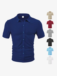 Camisa de hombre de manga corta con cuello tipo cárdigan, transpirable, holgada, con diseño jacquard de toalla, ideal para el verano, en oferta. - Product Image 2