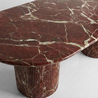 Table à manger ovale moderne en marbre Rosso Levanto, base cannelée artistique, mobilier de luxe en pierre, table sur piédestal décorative