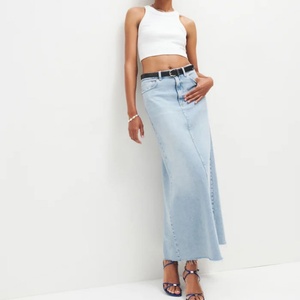 Jupes longues en jean bleu délavé sur mesure de haute qualité avec fente arrière, coupe décontractée, taille naturelle, tissu respirant pour femmes – Vente en gros - Product Image 3
