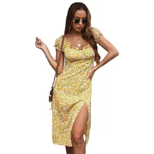 2024 модное женское желтое платье миди с коротким рукавом и принтом элегантная женская одежда