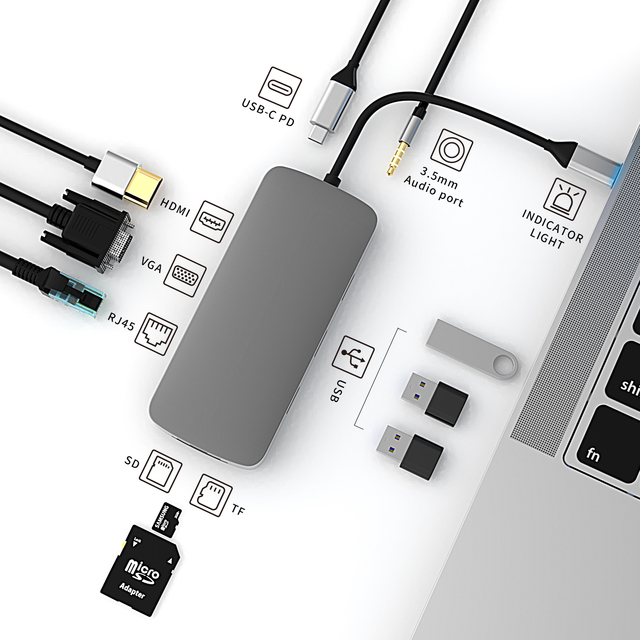 10 in 1 Docking Station Thunderbolt HD-MI USB3.0 USB2.0 SD TF RJ45 VGA Audio3.5mm Audio Frequency USB C Pd Private Model Hub