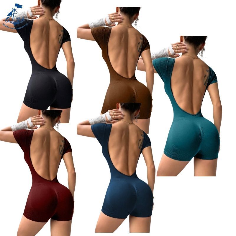 New Women Push up Shorts Ribbed Yoga Jumpsuits Workout Clothes Seamless Sportswear Gym Fitness Deep V Waist Bodysuit Activewear