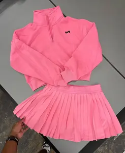 Wt Custom 2 Stuk Halve Zip Sweatshirts Bijpassende Outfits Dames Geplooide Mini Skort Jurk Tennistop En Rok Sets Voor Vrouwen