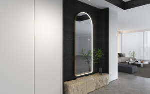 Pill Shape Countertop Illuminated Mirror with Modern Stainless Steel <b>frame</b> - Product Image 5