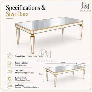 Elegante Mesa Rectangular Dorada de Acero Inoxidable con Espejo en la Parte Superior y Patas Cónicas para Banquetes, Venta al por Mayor - Product Image 3