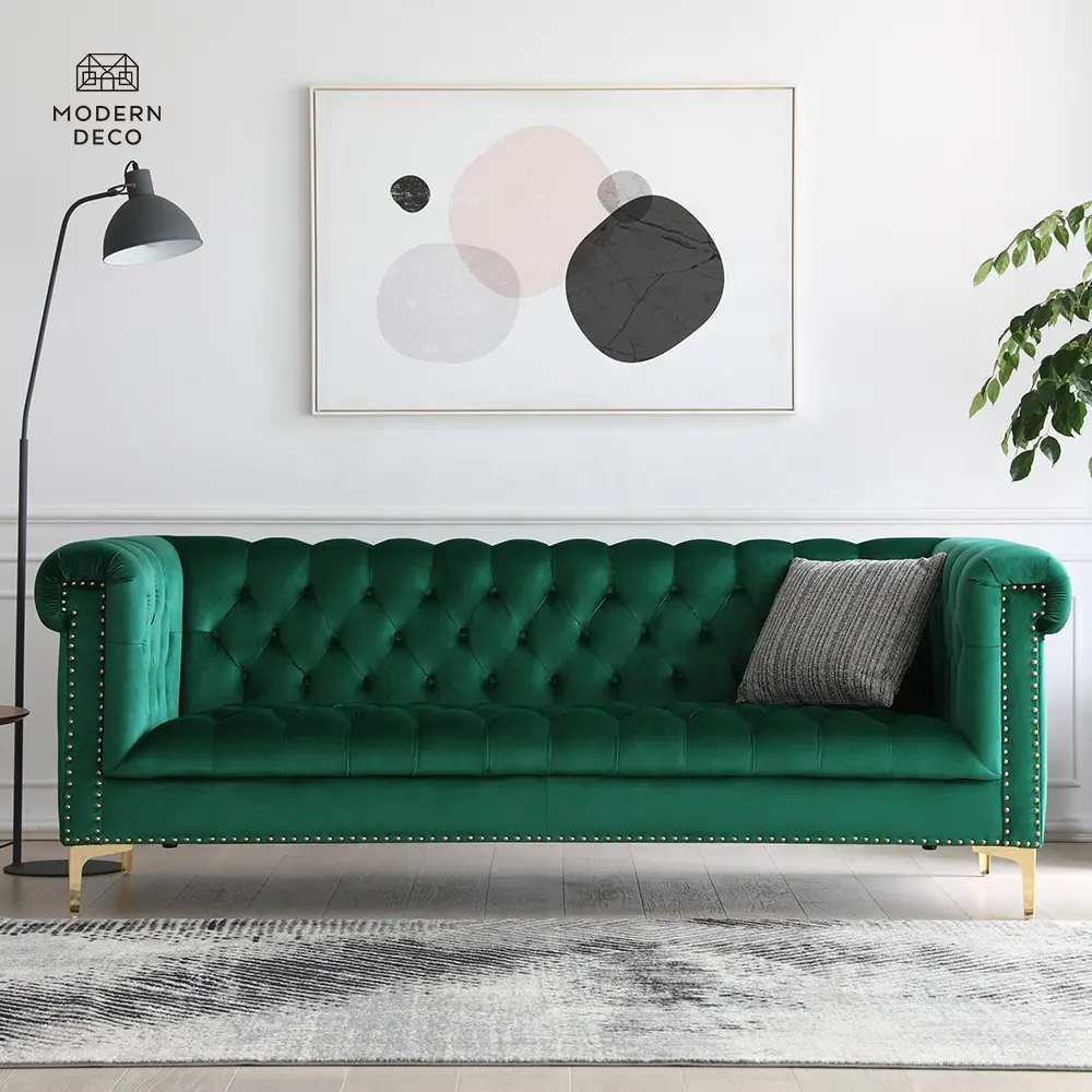 Cán Tay Chesterfield Tufted Emerald Màu Xanh Lá Cây Nhung Ghế Sofa Với Brass Vàng Chân Nailhead Trim Hiện Đại Giữa Thế Kỷ