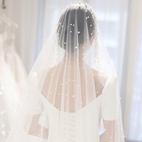 Voile de mariée cathédrale romantique blanc/ivoire W073001 à une couche avec perles et accessoire de tête