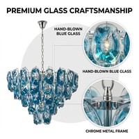 Lustre suspendu de luxe en verre artistique bleu vintage français, lampe de designer du milieu du siècle avec chaîne