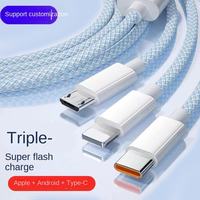 Kabel Data Tipe-C Pengisian Cepat 66W Satu-ke-Tiga dengan Anyaman Kepang untuk iPhone, Mobil, Komputer