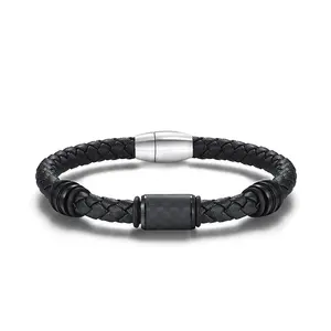 2024 nueva llegada joyería diaria Cierre magnético acero al carbono negro trenzado pulseras de cuero para hombres niños regalo