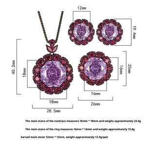 Parure de bijoux vintage écologiques en cuivre, haute qualité, avec pendentif, boucles d'oreilles et bagues assorties en zircon cubique violet 18-16 mm - Product Image 2
