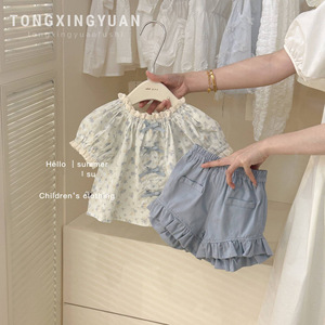 Tongxingyuan Girls Summer Floral Top And Shorts Set Cotton Two Piece Outfit For Children - Product Image 1