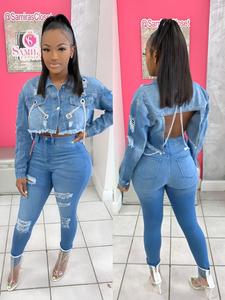 Nueva llegada streetwear estilo de moda Chaqueta corta de mezclilla para damas cadena delgada chaqueta de mezclilla de <span class=keywords><strong>mujer</strong></span> top - Product Image 3