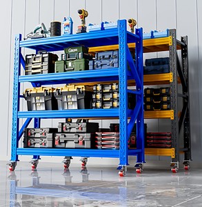 Estante de Almacenamiento de Acero Azul con 4 Estantes, Altura Ajustable, Ruedas Móviles, Recubrimiento en Polvo, Ensamblado para Carga y Equipo de Almacenamiento - Product Image 5