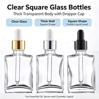 Flacon compte-gouttes carré en verre épais pour huiles essentielles et sérums, 30ml 50ml 100ml, avec bouchon compte-gouttes doré, argenté ou noir, logo personnalisé sérigraphié