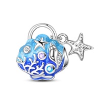 Pendentif breloque en argent 925 de Source Jewelry Factory, motif coquillage bleu dégradé, avec cristaux multicolores, corail, conque et étoile de mer