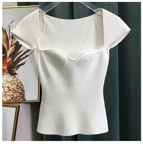 Vrouwen Sexy Vierkante Kraag T Shirts Zomer Nieuwe Gebreide Pure Kleur Korte Mouwen Slim T-shirt Tops Tees