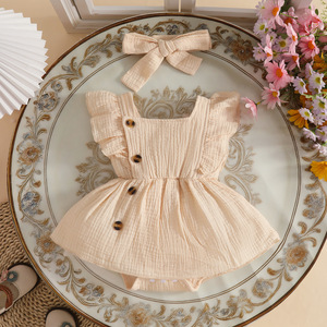 Conjunto <span class=keywords><strong>de</strong></span> Ropa para Bebé Recién Nacido <span class=keywords><strong>de</strong></span> 0 a 1 Año, Mono <span class=keywords><strong>de</strong></span> Verano con Mangas con Volantes y Cuello Cuadrado + Diadema - Product Image 4