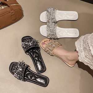 Sandales d'été pour femmes à bout carré, à bride unique, avec petite décoration en perles, pour intérieur et extérieur, de haute qualité - Product Image 5